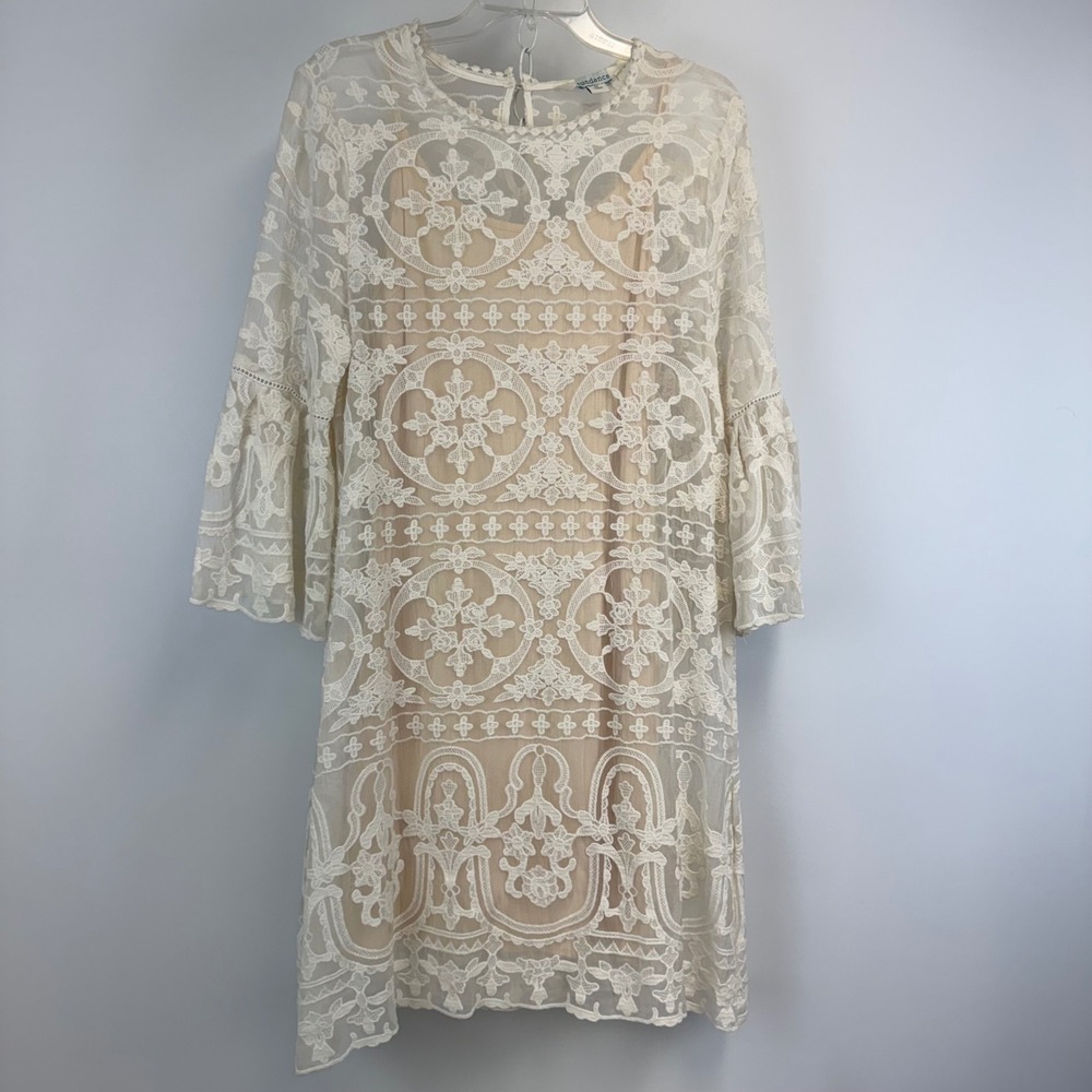 Sundance Womens Ivory Silk Lace Embroidered Bell Sleeve Shift Dress Size M
